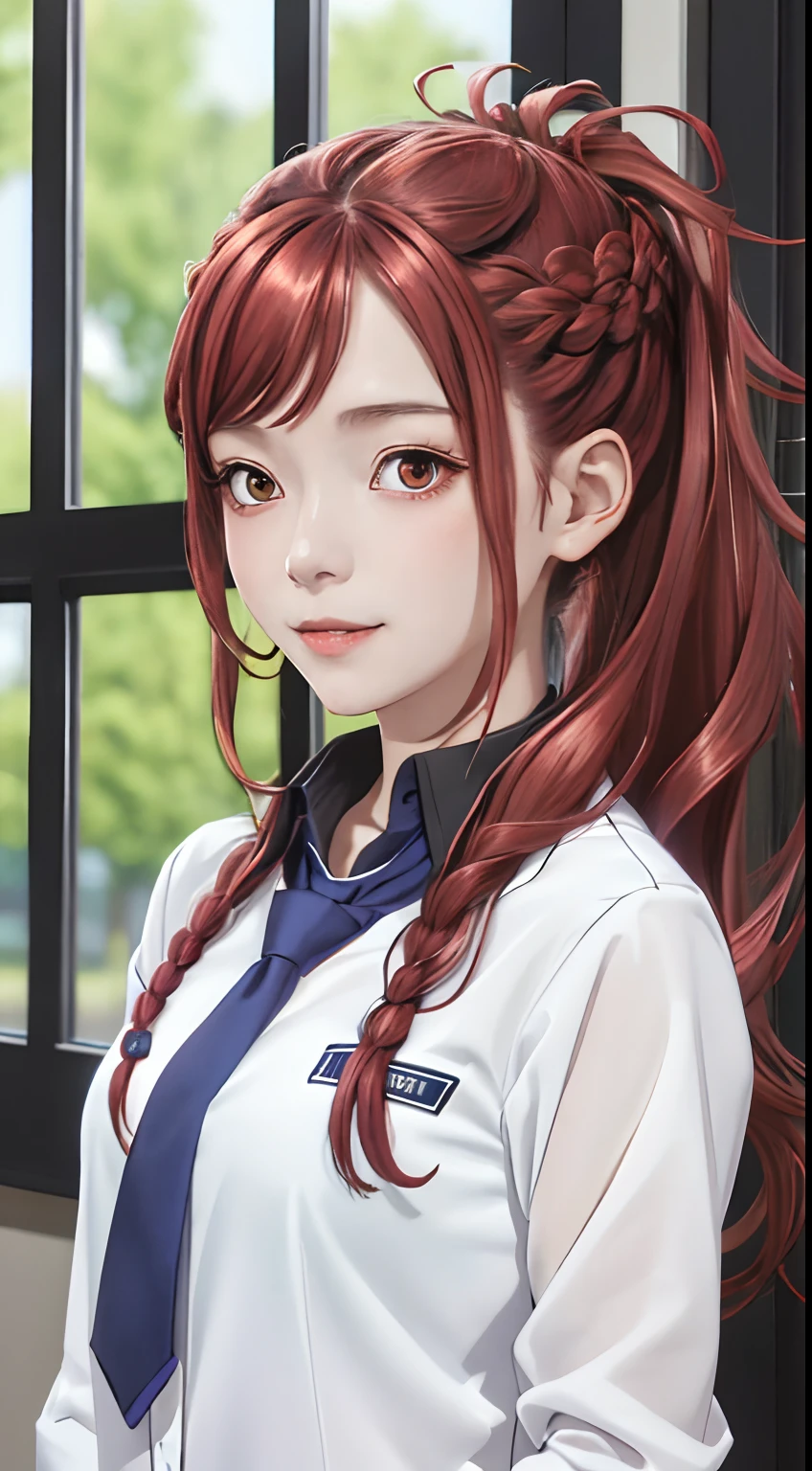 kaede, pelo largo, manos apretadas, corbata, rubor, mirando al espectador, ojos rojos, fondo borroso, sonrisa, cola de caballo, cabello rojo, ventana, chaqueta, 1 chica, Parte superior del cuerpo, trenza, solo, black camisa, camisa, collared camisa, Uniforme escolar, blue corbatahuge breast