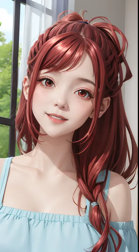 kaede, indoors, long hair, solo, blush, smile, red hair, portrait, parted lips, 1girl, looking at viewer, red eyeshuge breast