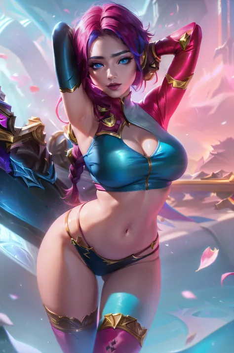 (League of Legends:1.5), fiora, 1girl, solo, breasts, looking at viewer, short hair, bangs, blue eyes, gloves, holding, medium breasts, weapon, pink hair, red hair, multicolored hair, parted lips, pants, sword, indoors, cape, holding weapon, armor, hair ov...