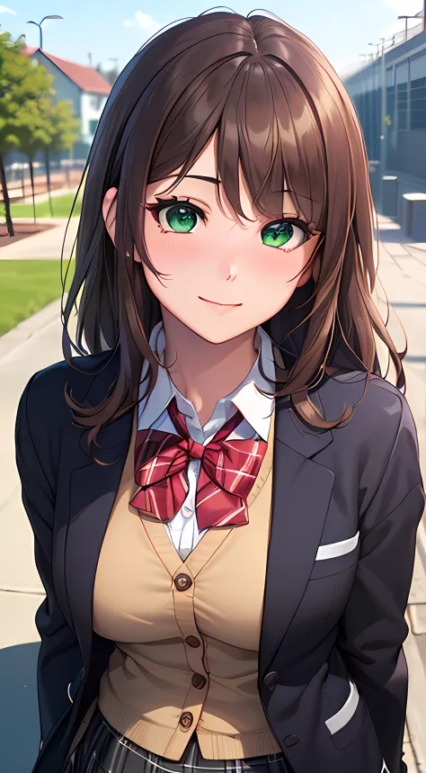 ((masterpiece, best quality, highres, UHD, perfect pixel, depth of field, 4k, RTX, HDR))), 1girl, single, solo, beautiful anime girl, beautiful artstyle, anime character, ((long hair, bangs, brown hair, curly hair:0.8)), ((green eyes:1.4, rounded eyes, beautiful eyelashes, realistic eyes)), ((detailed face, blushing:1.2)), ((smooth texture:0.75, realistic texture:0.65, photorealistic:1.1, anime CG style)), medium breasts, dynamic angle, perfect body, ((portrait, pov)), ((red bowtie, school uniform, black jacket, open jacket, brown cardigan, white shirt, black skirt, plaid skirt)), smile, amusement park