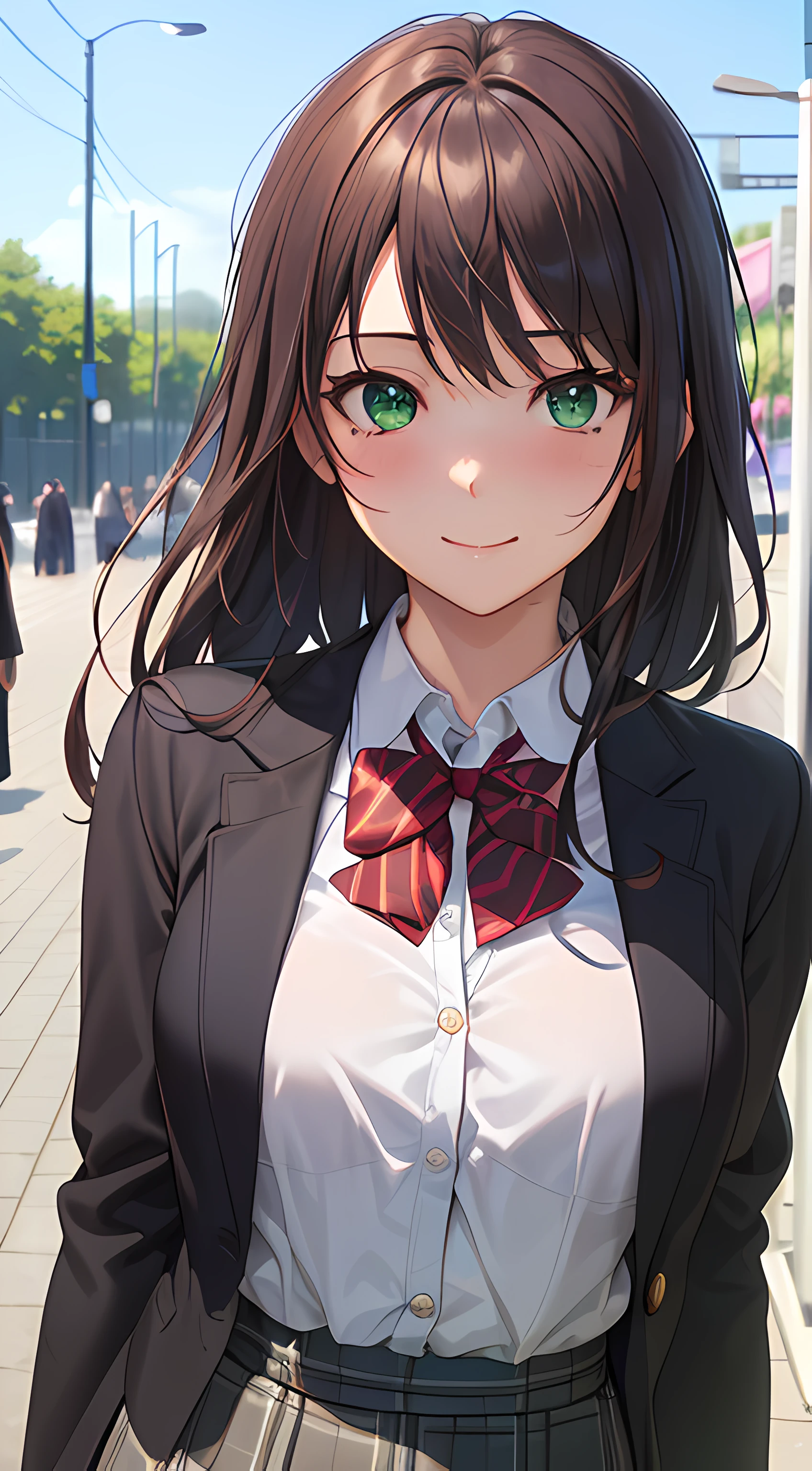 ((masterpiece, best quality, highres, UHD, perfect pixel, depth of field, 4k, RTX, HDR))), 1girl, single, solo, beautiful anime girl, beautiful artstyle, anime character, ((long hair, bangs, brown hair, curly hair:0.8)), ((green eyes:1.4, rounded eyes, beautiful eyelashes, realistic eyes)), ((detailed face, blushing:1.2)), ((smooth texture:0.75, realistic texture:0.65, photorealistic:1.1, anime CG style)), medium breasts, dynamic angle, perfect body, ((portrait, pov)), ((red bowtie, school uniform, black jacket, open jacket, brown cardigan, white shirt, black skirt, plaid skirt)), smile, amusement park