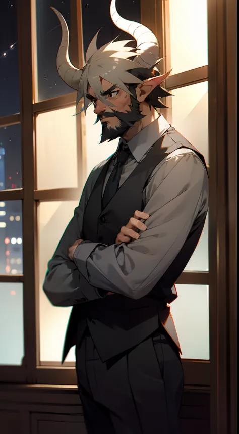 1man,solo,40s,gray beard,neutral face,teacher outfit, gray hair,short hair,black eyes, horns,standing in front of a window, night