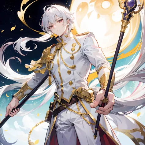 anime man,lean,muscular,white french noble clothing,golden accents,holding a cane,golden eyes,long white hair