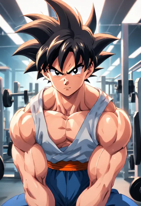 Son Goku, Super Saiyajin, masculino, Dragon Ball Z, Working out hard in a bodybuilding gym, Biceps exercises, non-biceps focus, defined and detailed muscles, expression serious