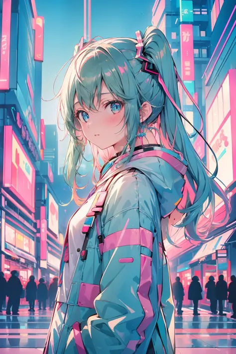 1girl, Miku Nakano, upper body, mall, futuristic, pastel colors, looking at viewer, neon lights, neon trim, fighting stance, pink and blue,