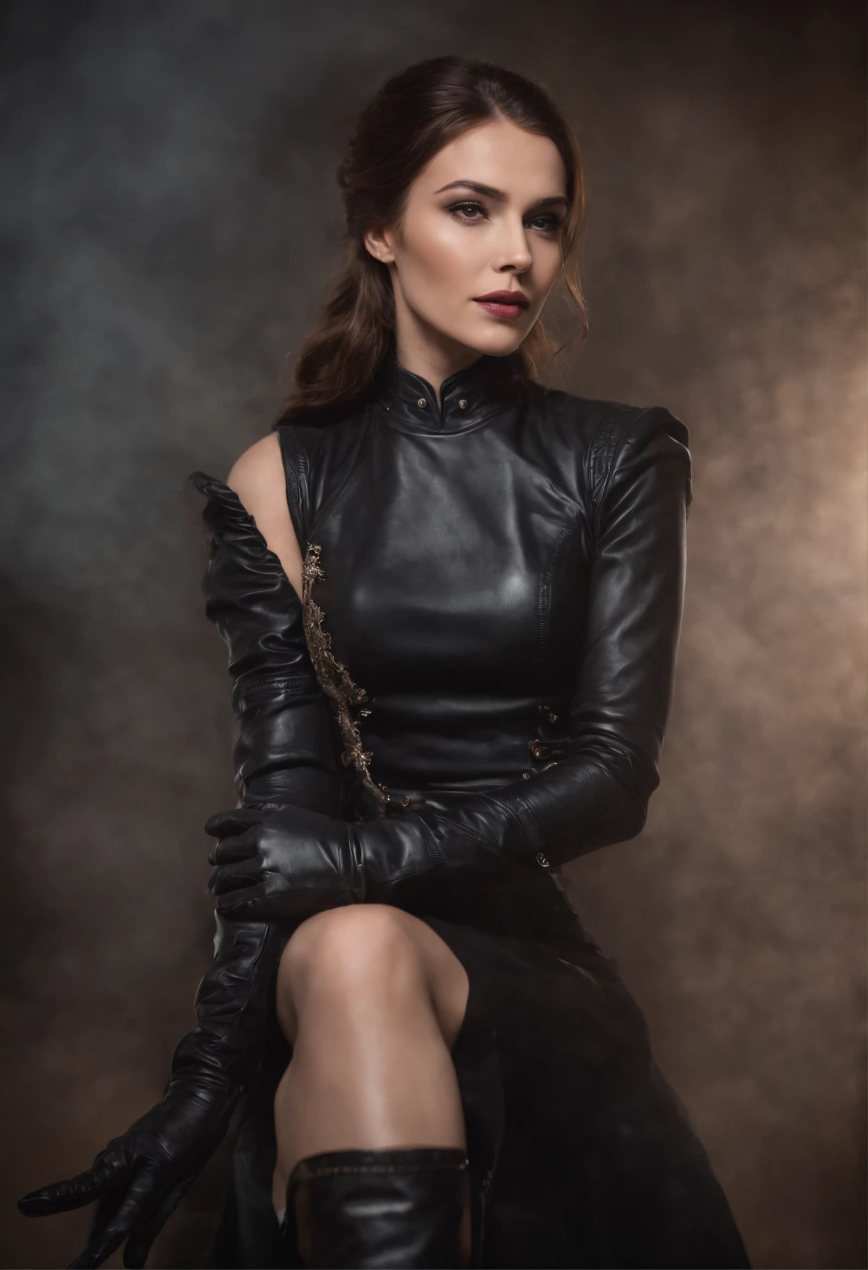 A woman in a black leather dress and gloves posing for a picture - SeaArt AI