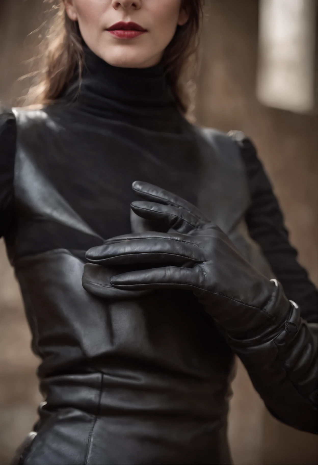 There is a woman in a black leather dress and gloves - SeaArt AI