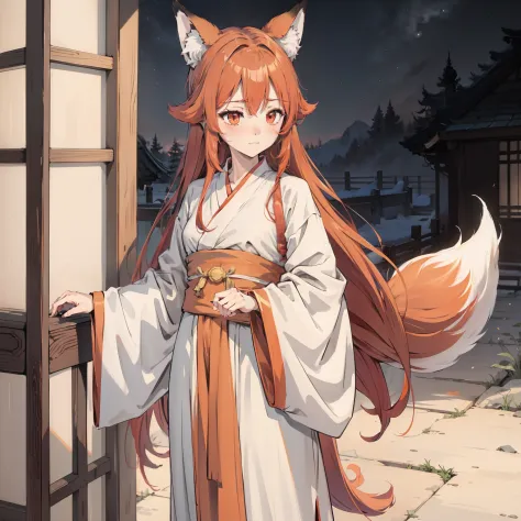 cross-dressing,tsurime,orange eyes,fox_hor ears,fox tail,red_hair,low-tied long hair,hanfu,1girll