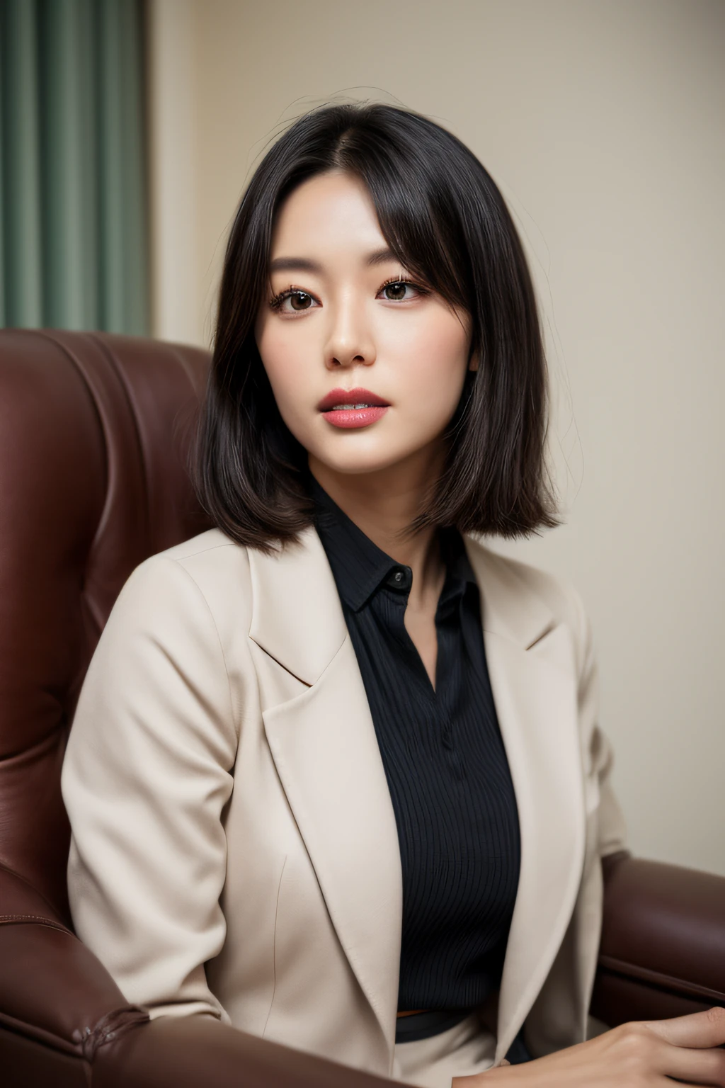 college professor、50 years old、hyperdetailed face、Detailed lips、A detailed eye、double eyelid、Black bob-shaped hair, Gray blazer、White blouses、(Brown tight itting in a luxury chair in a college professor's room and thinking))、((Glamorous body))、((huge-breasted))、perfect hand, Perfect fingers, perfect chest, Perfect fit, perfect bodies, face perfect, Perfect image realism, Background with:((University Room))、In-depth background, detailed costume, Perfect litthing、Hyper-Realism、Photorealsitic、8K maximum resolution, (​masterpiece), ighly detailed, Professional