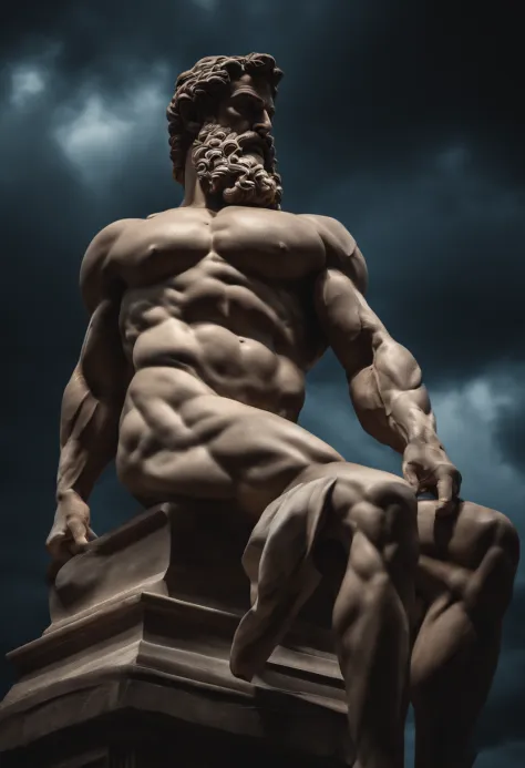 stoic greek statue with very muscular body in profile, strongs arms, style Hercules, cinematic, 8k, dark bakground
