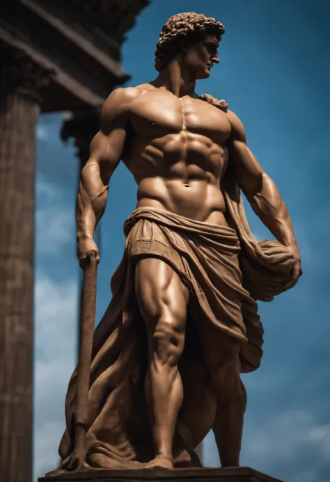 stoic greek statue with very muscular body in profile, strongs arms, style Hercules, cinematic, 8k, dark bakground