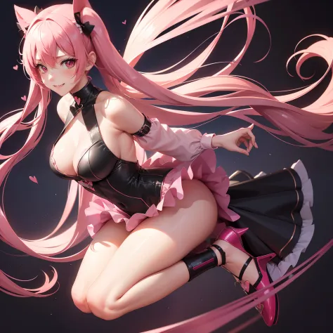 full body Esbian, masutepiece: 1.2, Highest Quality), (Live-action, elaborate details), (1 Lady, Solo, Upper body,) Clothing: Edgy, Black long jumper, pink miniskirt, long hair with pink twin tails,,,、Mini Characters、Avant-garde, Experimental appearance: L...