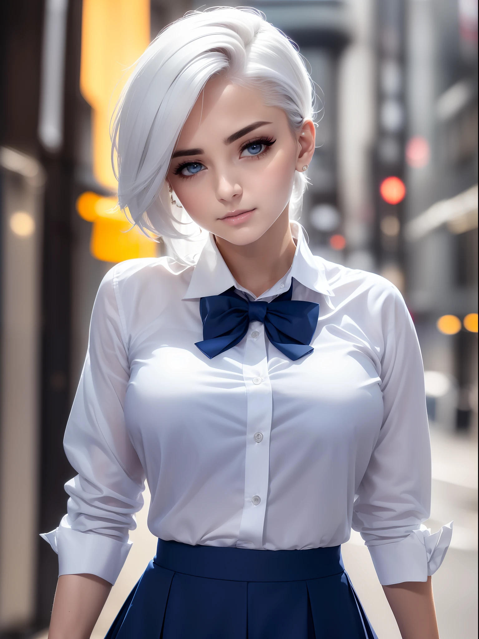 (8k, RAW photo, masterpiece:1.3), (realistic, photo-realistic:1.37), (night), (looking at viewer:1.331), (white hair), posing, Tokyo street, nightcityscape, cyberpunk city, soft light, 1girl, extremely beautiful face, bust, put down hands, Random hairstyle, Random expression, big eyes, lower abdomen, (short-sleeved .JK_shirt), JK_style, (dark blue JK_skirt), (bow JK_tie), mix4., best quality