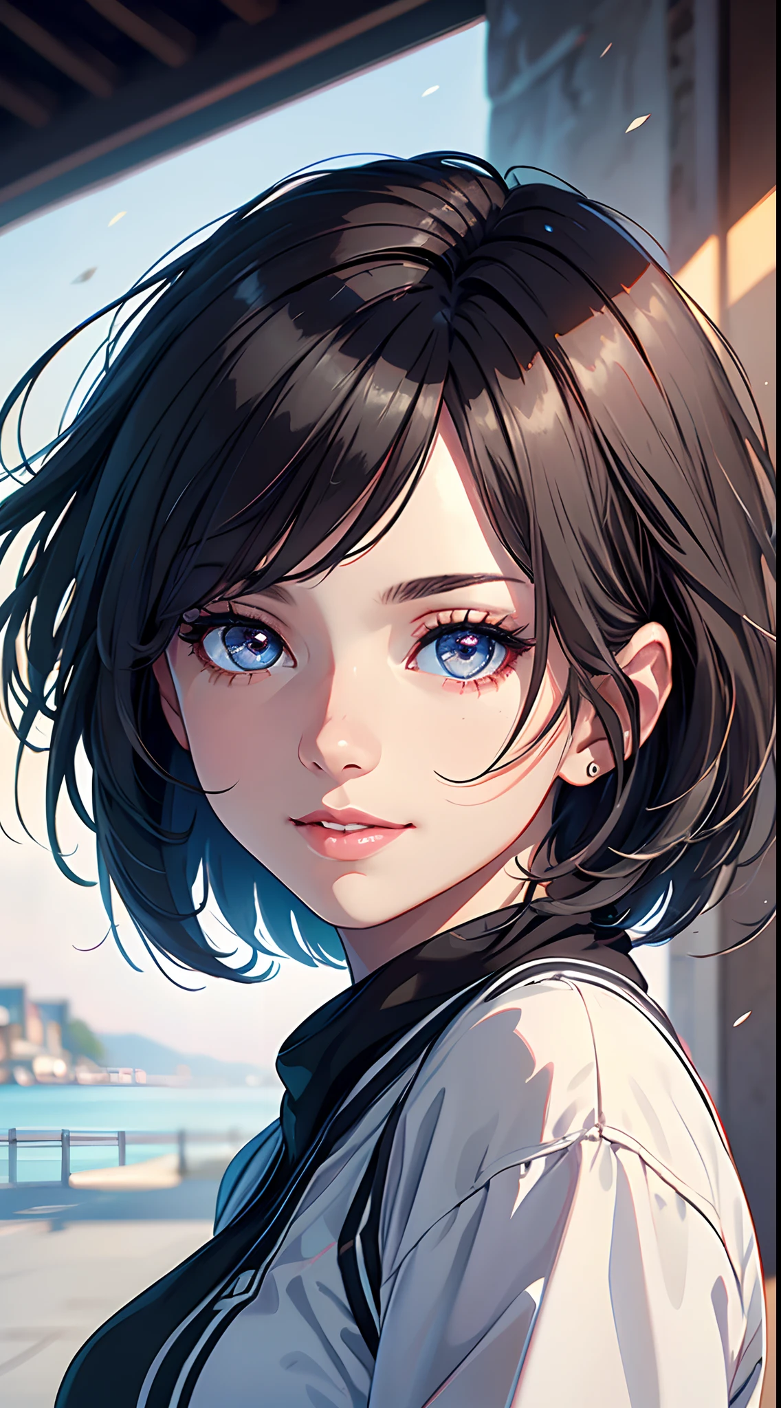 (best quality,4k,8k,highres,masterpiece:1.2),ultra-detailed,realistic,portrait,girl,gray eyes,short hair,white skin,dark gray hair,beautiful detailed eyes,beautiful detailed lips,hair flowing in the wind,looking at the viewer,soft lighting,vivid colors,subtle smile