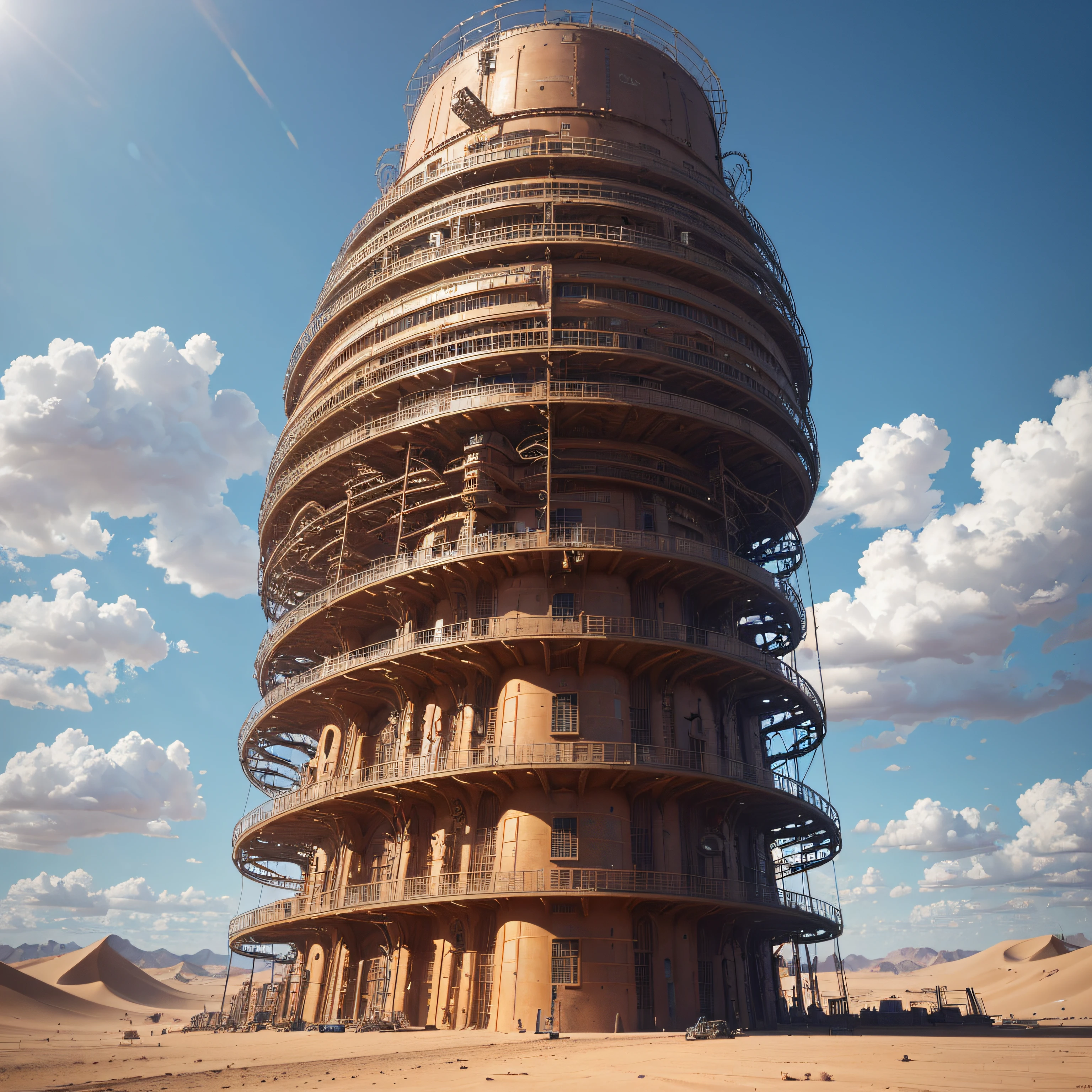 (Cinematic Photo, Maximum realism), (CG 8k wallpapers are extremely detailed, Masterpiece, Best Quality, Ultra-detailed), ((Metal frame of a large tall structure in the middle of the desert)), An unusual design of an unearthly civilization, Steel scaffolding in the distance in the background, Sand vortices, (wind force 15 meters per second), very hot (Medium temperature 55)