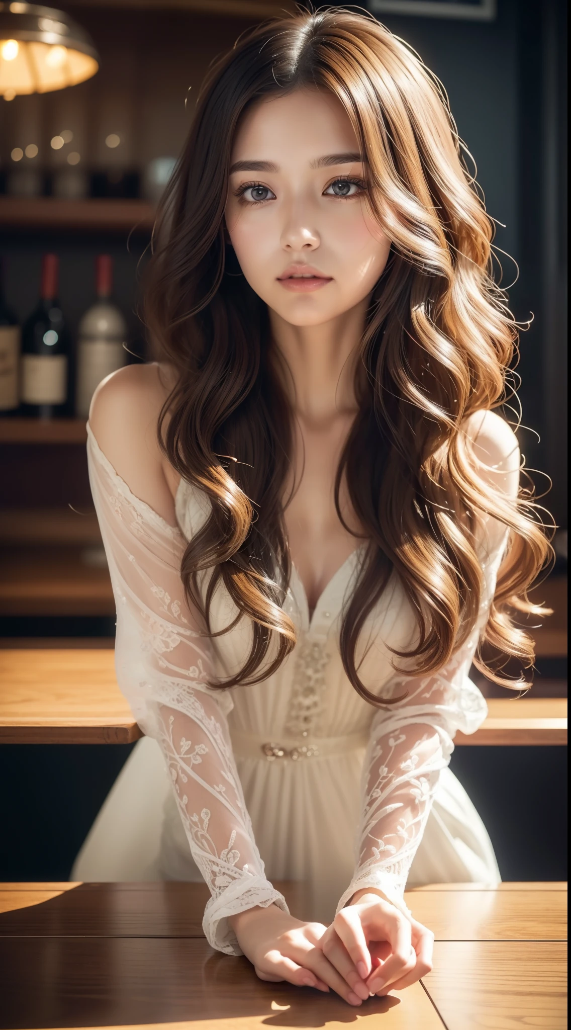 Woman sitting at table drinking wine, detailed figure, cgsociety, Complex long curly hair, Cinematic | | very anime, discord pfp,Asian features, very pretty model, (comfycore:1.2), poofy, Rich Red, factories, a bar counter,(fashion realistic),Twinkle in the eyes,(leaning against table),(Outside),(Outdoor bar),(a large amount of hair),(Wavy Hair),(Curly hair),(Eyes with complex colors:1.1),((Intricately detailed eyes)),ultra-detailliert, masutepiece, Detailed eye, Big bright eyes,(masutepiece:1.2), Best Quality,  (Ultra-detailed),Eye focus,(Masterfully crafted Glow:1.2), (Cinematic background), hyperdetails,(delicate detailed), (Intricate details), Octane Render, nffsw, (hyperdetails:1.15), (((colourfull))),(Soft light:1.2