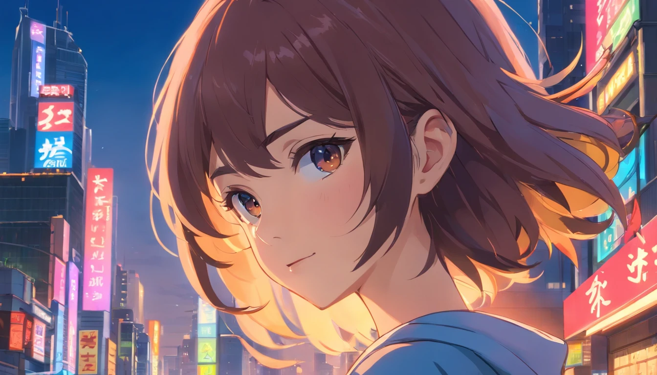 Anime girl in a city at night with neon signs - SeaArt AI