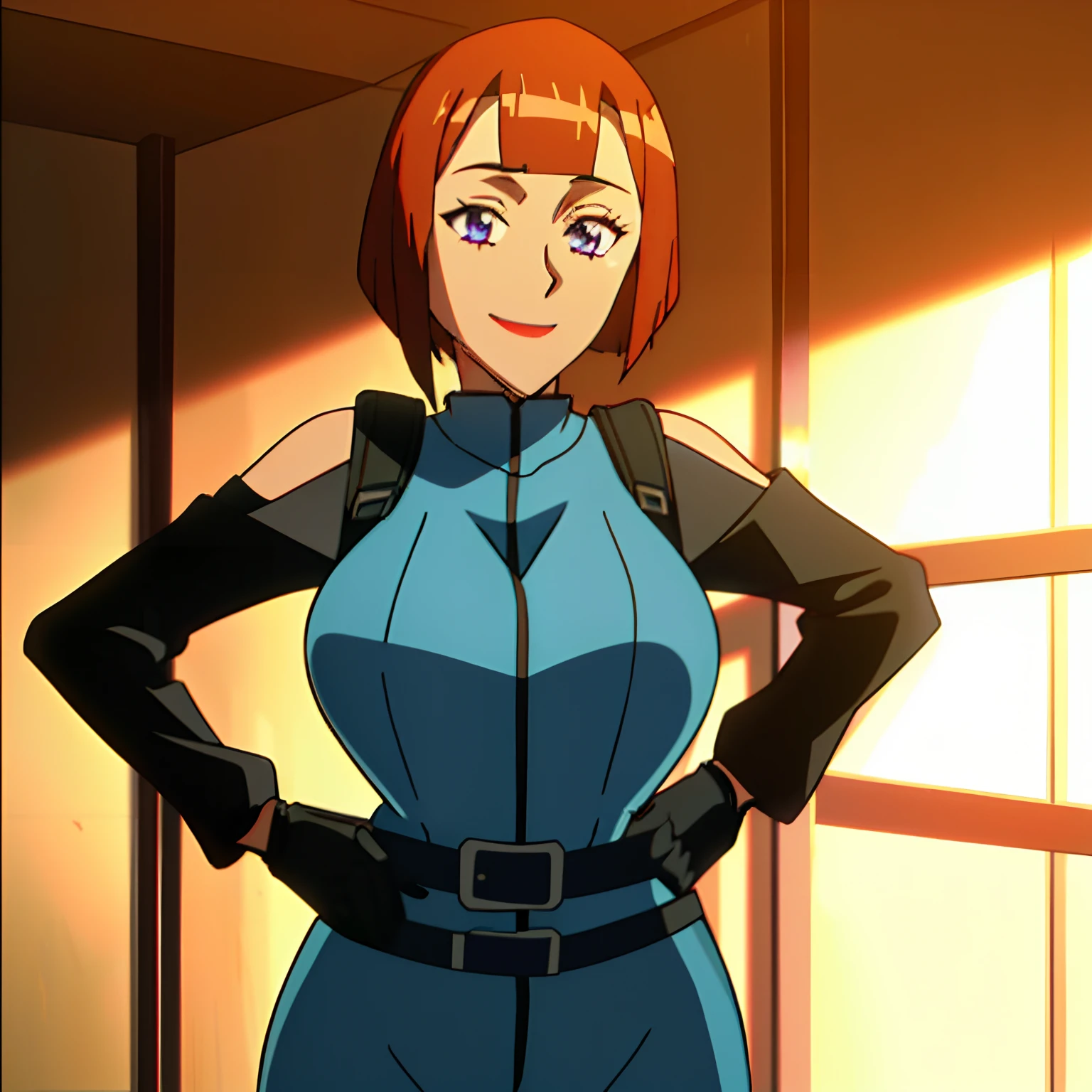 A close up of a woman in a blue suit standing in a room SeaArt AI