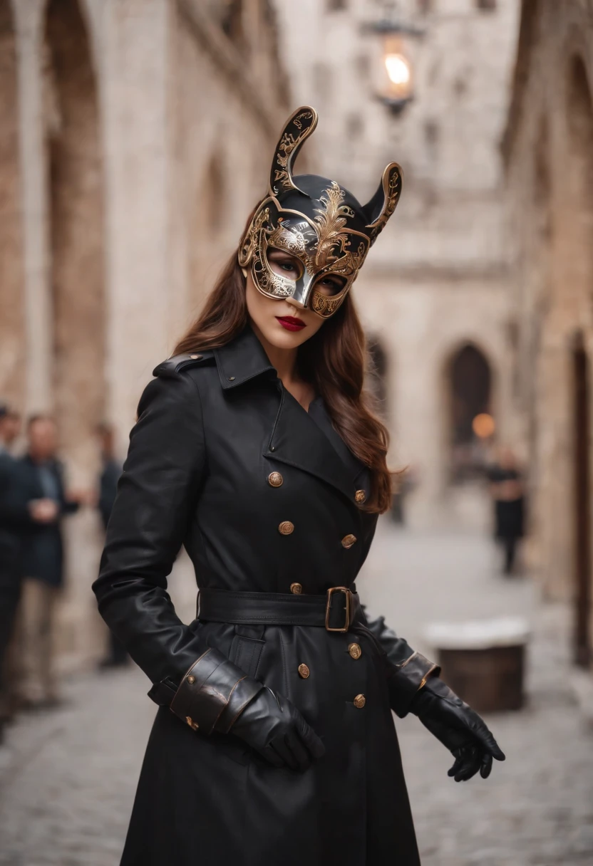 Venetian mask that covers the entire face　Black leather gloves　trench coat　long boots　femele