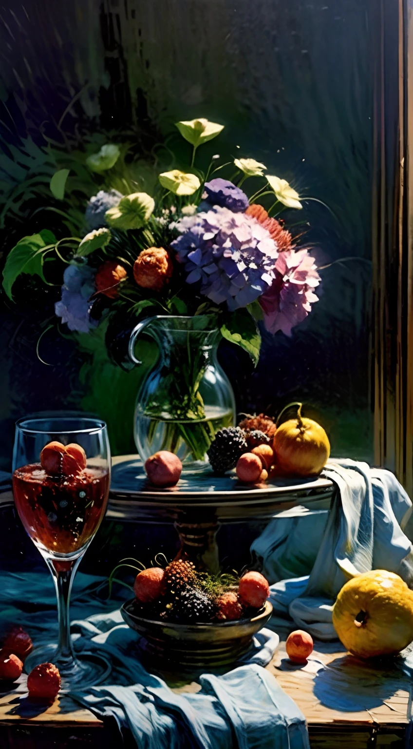 油畫靜物, 在歷史悠久的室內環境中, 黑暗的房間, 電影燈光, 对比照明, 水果 and berries on a table, 深色垂褶織物, 玻璃花瓶里的绣球花, 水果