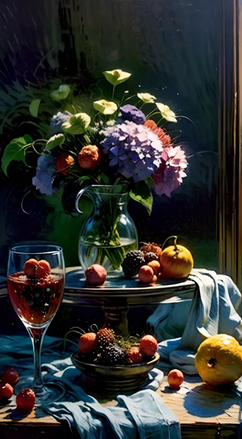oil painting still life, in the historical interior environment, darkened room, cinematic lighting, contrast lighting, fruits an...