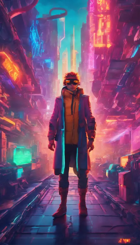 Scientist with cyberpunk style，Semi-mechanized scientist，Combat posture，majestic-looking，Feelings for moving forward，Stunning colors。Set in a futuristic cyberpunk style city，the street，crowd of，（Movie lighting），（light and shadow effect），（unreal-engine），（Ty...