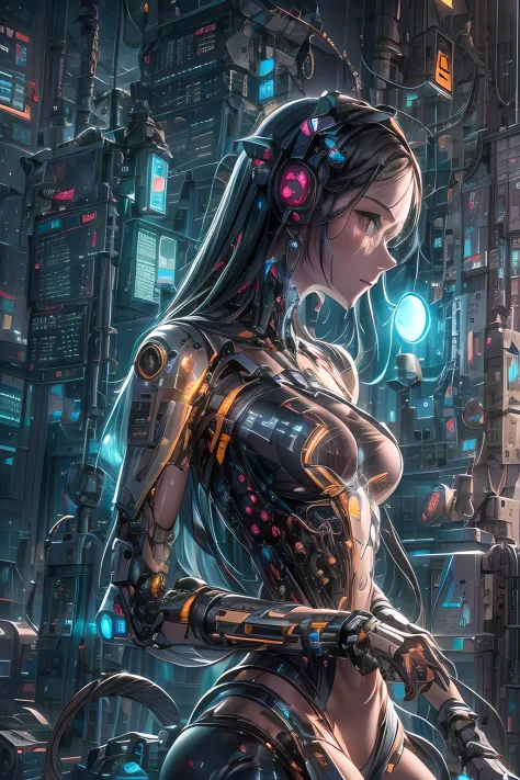 Craft an awe-inspiring digital art piece showcasing a biomechanic woman at the peak of sophistication and technology. Envisage h...