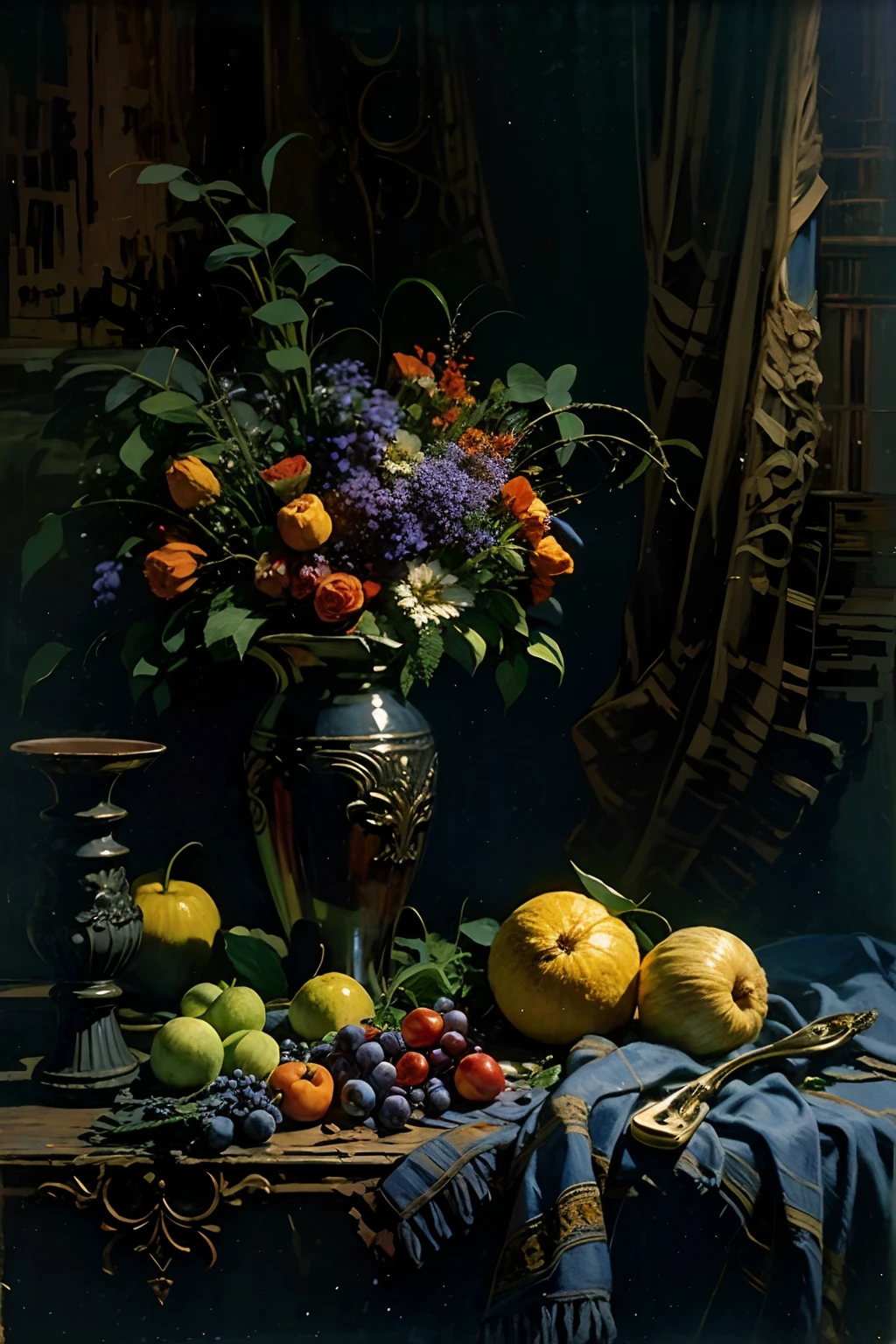 oil painting still life, in the historical interior environment, darkened room, cinematic lighting, contrast lighting, fruits and berries on a table, dark draped fabric, fruits and flowers on the table