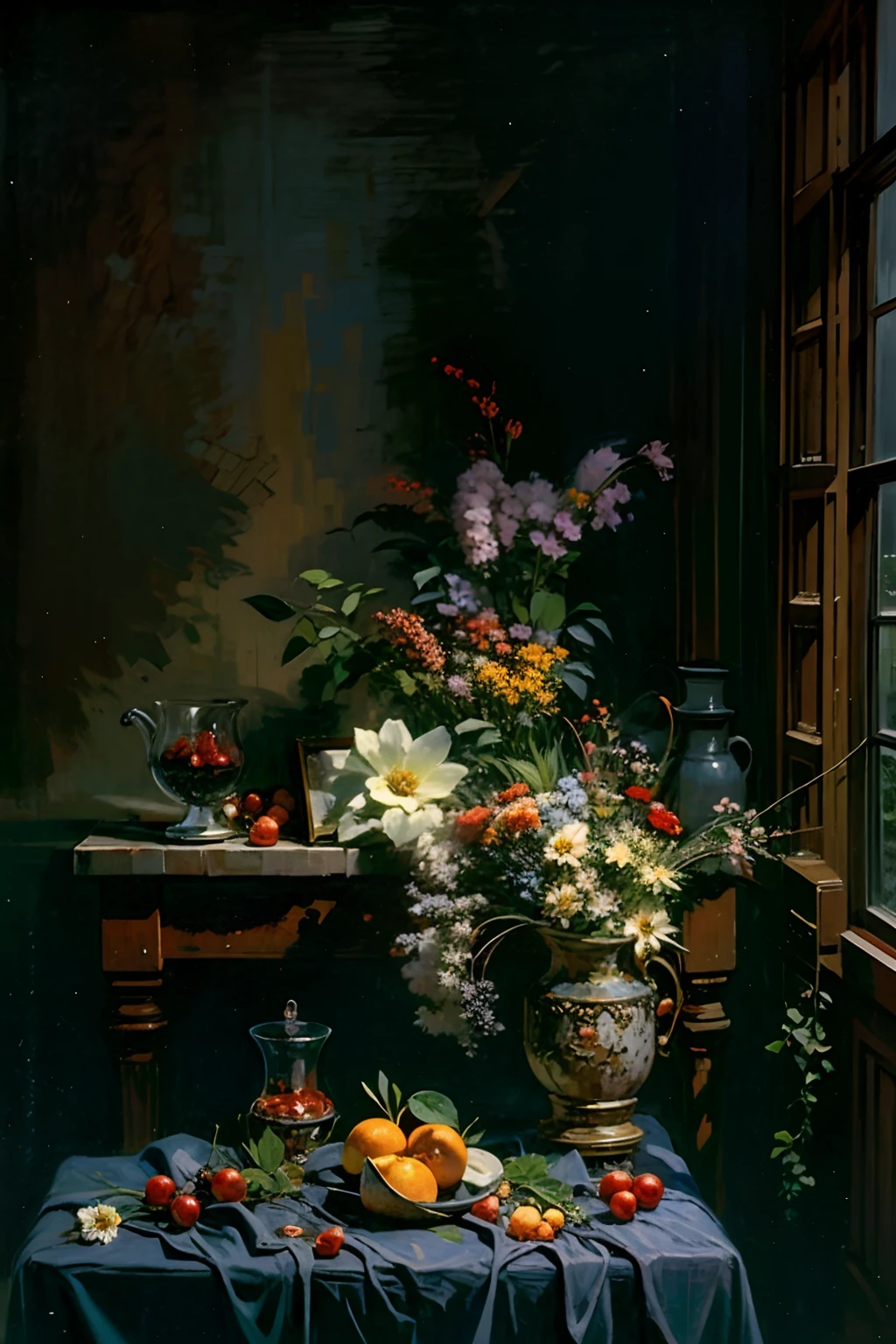 pintura a óleo ainda vida, no ambiente interior histórico, quarto escuro, iluminação cinematográfica, iluminação de contraste, frutas e bagas em uma mesa, tecido drapeado escuro, frutas e flores na mesa