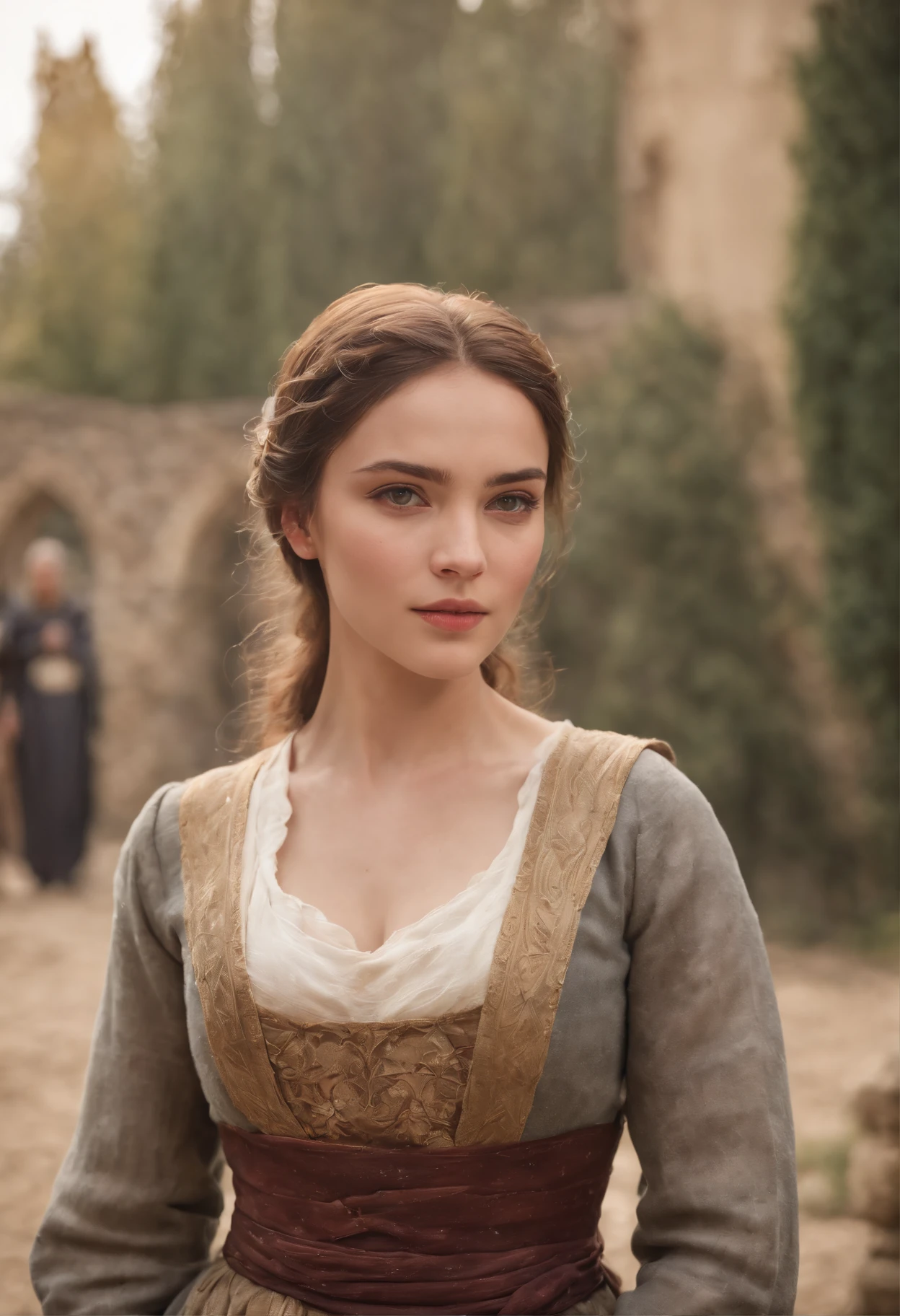 Cinematic portrait, upper body, face, facing the audience, (Reality :1.3), one of the most beautiful artworks in the world, a woman looks into the camera, medieval costumes, (old clothes damaged and weathered :1.4), detailed beautiful face, action shooting, ancient city background, realistic photos, CG, Art Station