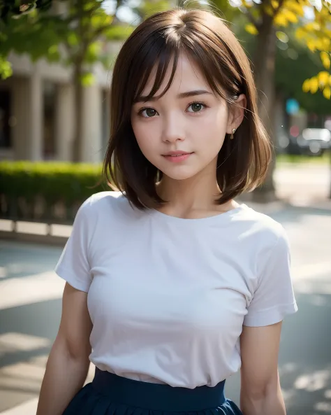 a beauty girl、cute face、Very small breasts、slender body and limbs、Unbutton  your shirt、Brown hair、Shirt with wide open chest、Keep previous face、a smile  - SeaArt AI