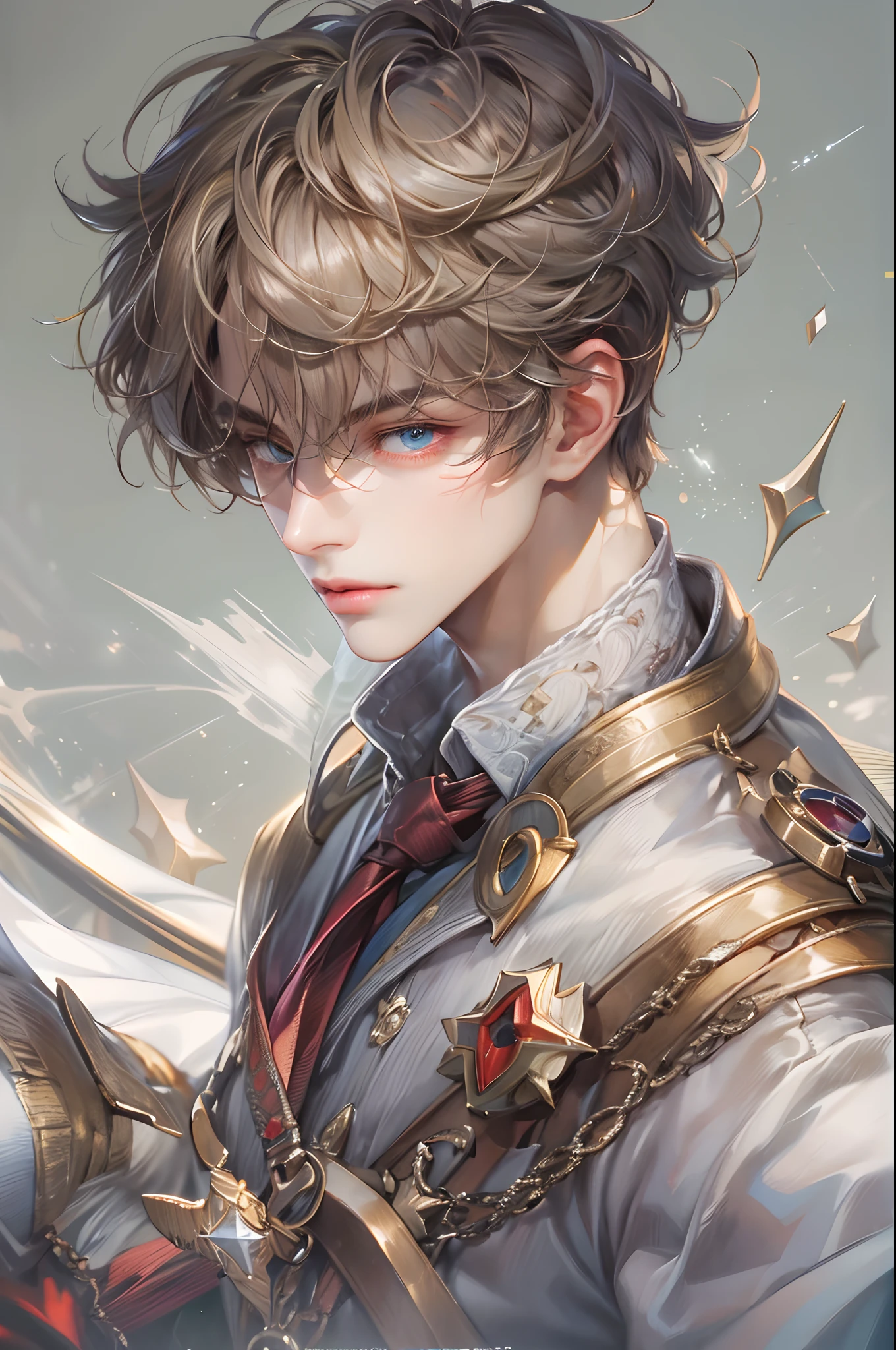 (absurdres, highres, ultra detailed, HDR), masterpiece, best quality, Android Game Character , short hair, handsome boy, anime eyes, Mobile Legends Hero, detailed scebe, detailed character