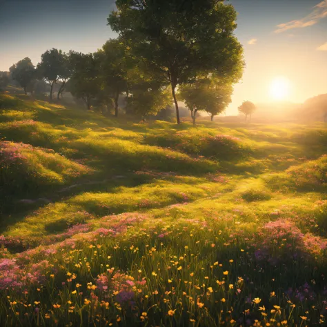 sunset, the winding stone paths stretching into the distance, meadow, the curved moon, the colorful flowers, the soft afterglow,...