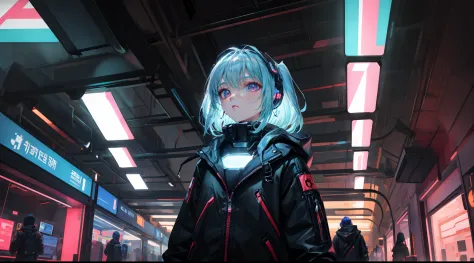 1 girl, upper body, single focus, cybernetic enhancements, sleek cyberpunk attire with a space theme, (cosmic backdrop: 1.4), (i...