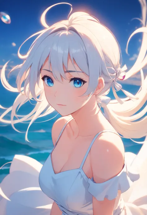Masterpiece，White color hair，Double ponytail curls，blue color eyes，white dresses，Big breasts，sexy for