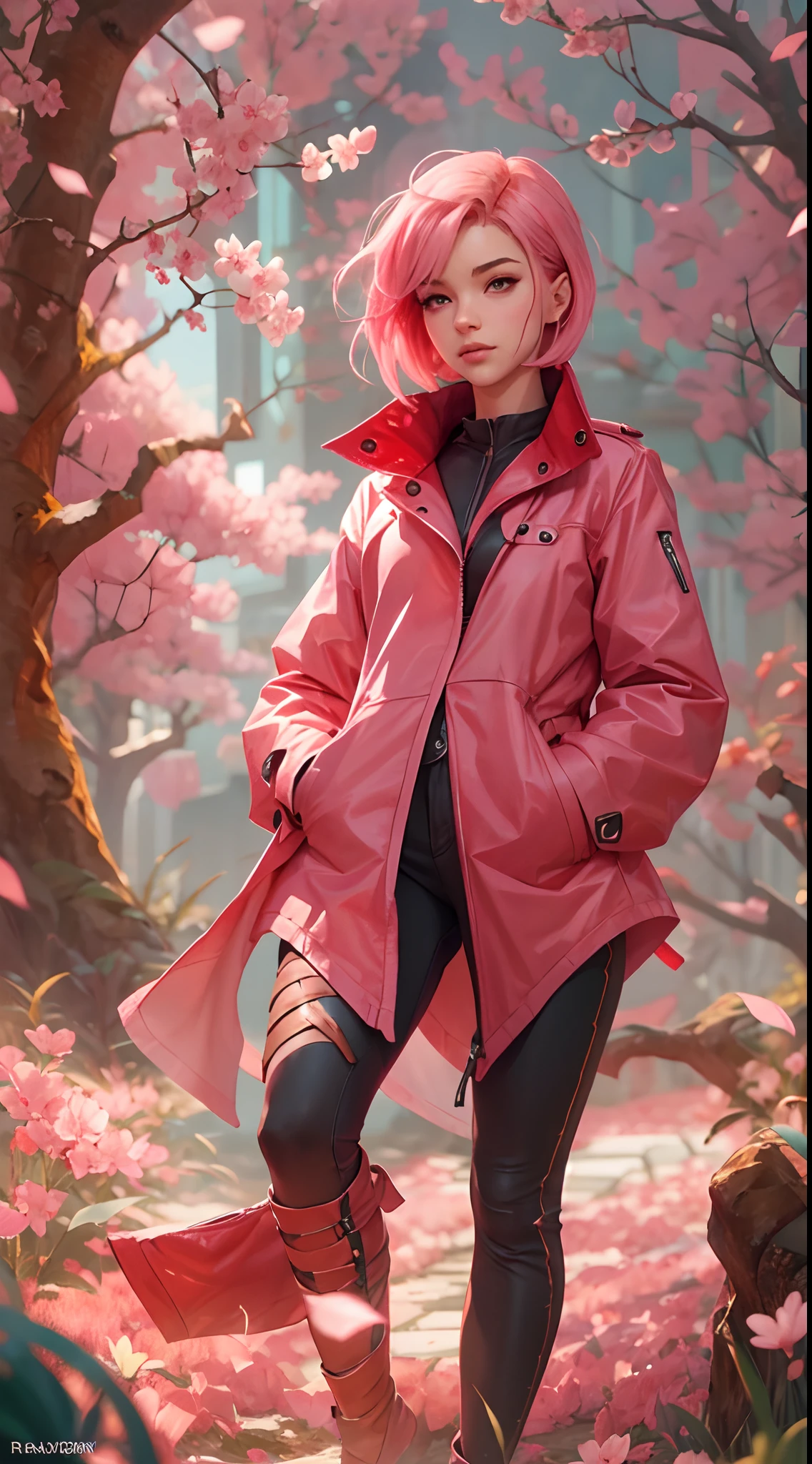 Sakura haruno, seductive, ((forehead to show)), attractive, sexy eyes, red coat, pink hair, delicate, young, short hair, detailed face, high definition, full body, from League of Legends, trend in artstation, by rhads, andreas rocha, rossdraws, makoto shinkai, laurie greasley, lois van baarle, ilya kuvshinov and greg rutkowski