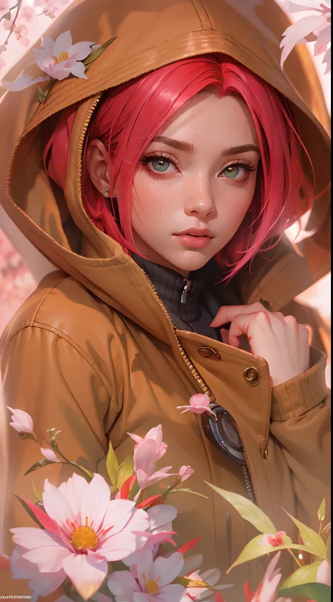 Sakura haruno, seductive, ((forehead to show)), attractive, sexy eyes, red coat, pink hair, delicate, young, short hair, detaile...