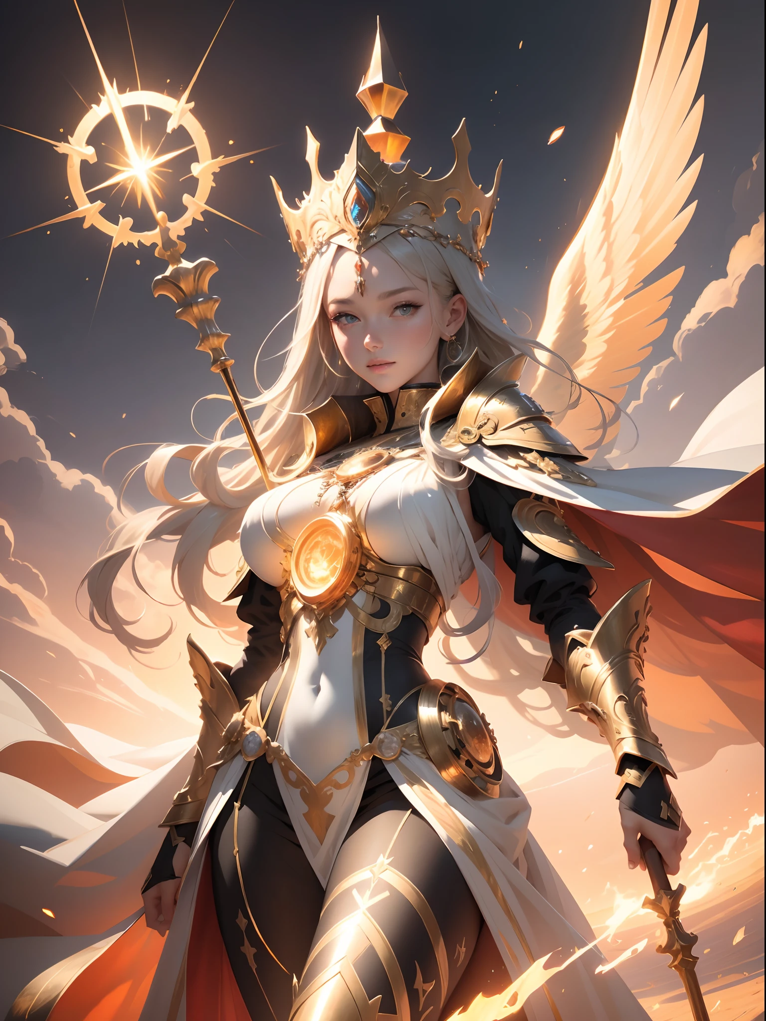 1girl, beautiful sun empress, detailed eyes, detailed face, mature face, athletic body, looking at viewers,full body, light smile,detailed skin,mature body, tall body,seductive body,medium big breast, medium thigh, detailed clothes BREAK desert and pyramid backgrounds, holding only one long and thick sun scepter, phoenix dragon in sky, highly saturating sunbeams, holy ceremony, angelic halo, golden and orange spark dazzling around, holy magic circle, golden crown , golden majical lightning, best quality, masterpiece, trending on Art station,BREAK,Detailed,Realistic,4k highly detailed digital art,octane render, bioluminescent, cinematic lighting BREAK 8K resolution concept art, realism,by Mappa studios,masterpiece,best quality,official art,illustration,ligne claire,(cool_color),perfect composition,absurdres, fantasy,focused,