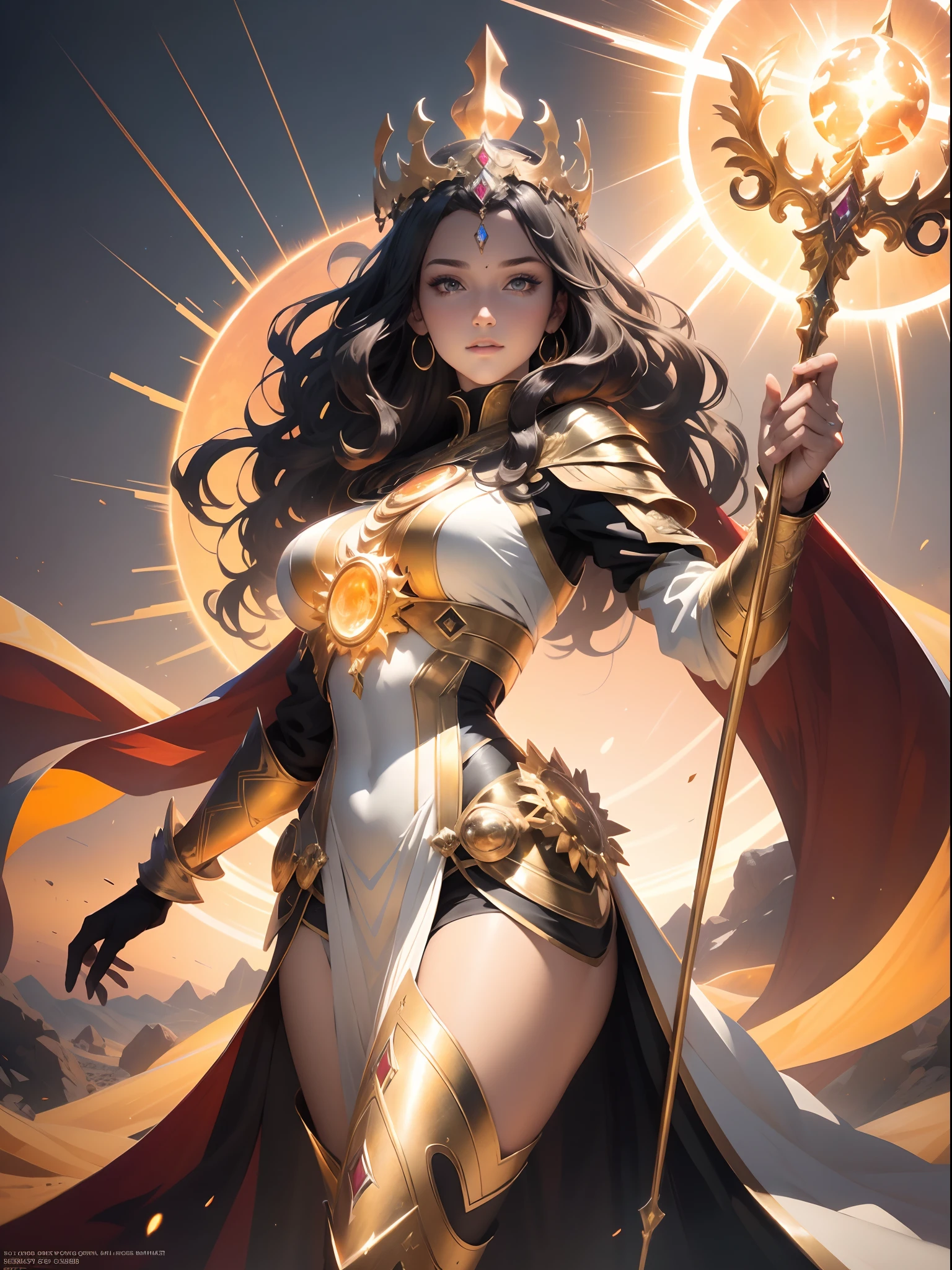 1girl, beautiful sun empress, detailed eyes, detailed face, mature face, athletic body, looking at viewers,full body, light smile,detailed skin,mature body, tall body,seductive body,medium big breast, medium thigh, detailed clothes BREAK desert and pyramid backgrounds, holding only one long and thick sun scepter, phoenix dragon in sky, highly saturating sunbeams, holy ceremony, angelic halo, golden and orange spark dazzling around, holy magic circle, golden crown , golden majical lightning, best quality, masterpiece, trending on Art station,BREAK,Detailed,Realistic,4k highly detailed digital art,octane render, bioluminescent, cinematic lighting BREAK 8K resolution concept art, realism,by Mappa studios,masterpiece,best quality,official art,illustration,ligne claire,(cool_color),perfect composition,absurdres, fantasy,focused,