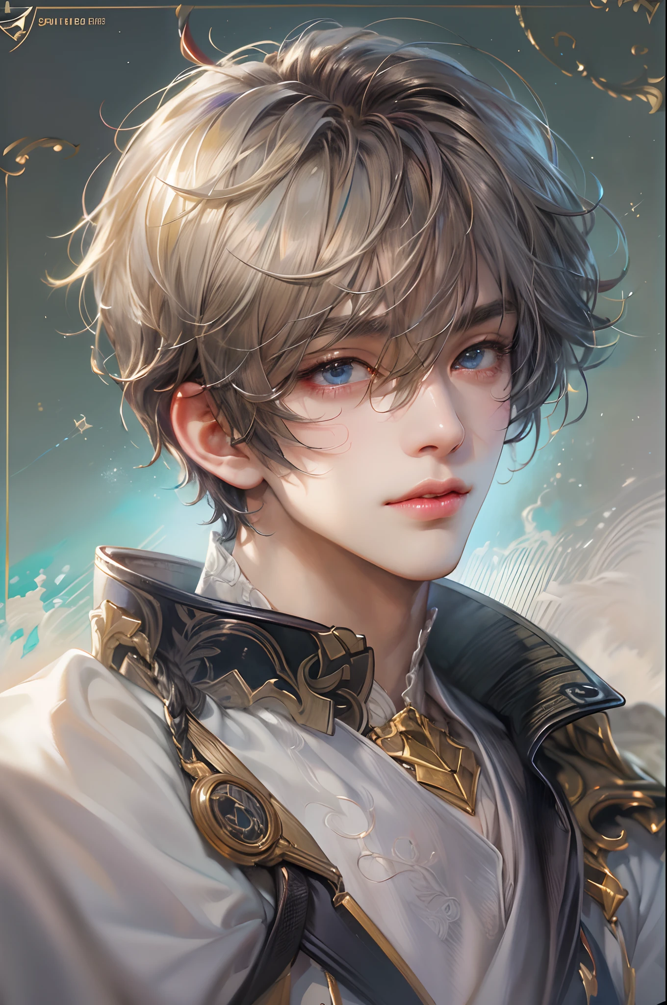 (absurdres, highres, ultra detailed, HDR), masterpiece, best quality, Android Game Character , short hair, handsome boy, anime eyes, Mobile Legends Hero, detailed scebe, detailed character