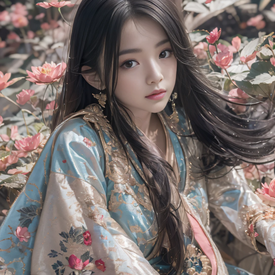 32K（tmasterpiece，k hd，hyper HD，32K）Long flowing black hair，ponds，zydink， a color， Aozhou people （Concubine girl）， （Silk scarf）， Combat posture， looking at the ground， long whitr hair， Floating hair， Carp pattern headdress， Chinese long-sleeved clothing， （abstract ink splash：1.2）， Pink petal background，Pink and white lotus flowers fly（realisticlying：1.4），Black color hair，Fallen leaves flutter，The background is pure， A high resolution， the detail， RAW photogr， Sharp Re， Nikon D850 Film Stock Photo by Jefferies Lee 4 Kodak Portra 400 Camera F1.6 shots, Rich colors, ultra-realistic vivid textures, Dramatic lighting, Unreal Engine Art Station Trend, cinestir 800，Long flowing black hair，Denim skirt