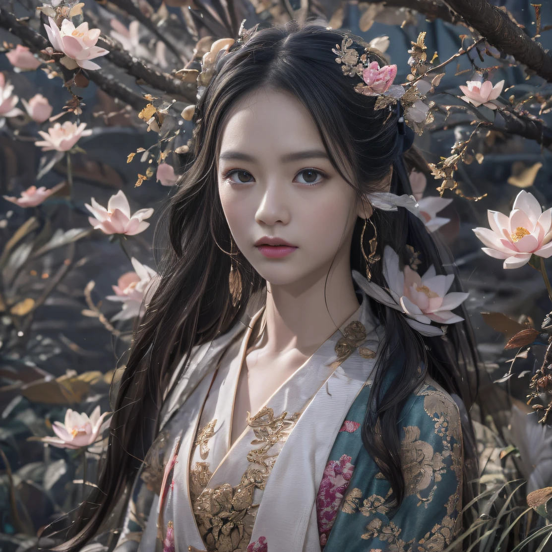 32K（tmasterpiece，k hd，hyper HD，32K）Long flowing black hair，ponds，zydink， a color， Aozhou people （Concubine girl）， （Silk scarf）， Combat posture， looking at the ground， long whitr hair， Floating hair， Carp pattern headdress， Chinese long-sleeved clothing， （abstract ink splash：1.2）， Pink petal background，Pink and white lotus flowers fly（realisticlying：1.4），Black color hair，Fallen leaves flutter，The background is pure， A high resolution， the detail， RAW photogr， Sharp Re， Nikon D850 Film Stock Photo by Jefferies Lee 4 Kodak Portra 400 Camera F1.6 shots, Rich colors, ultra-realistic vivid textures, Dramatic lighting, Unreal Engine Art Station Trend, cinestir 800，Long flowing black hair，Denim skirt