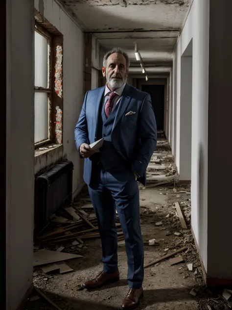 Um homem robusto, wearing a suit jacket and pants, an envelope in the hand , in an abandoned building, Dragoned (Foto RAW:1.3), ...