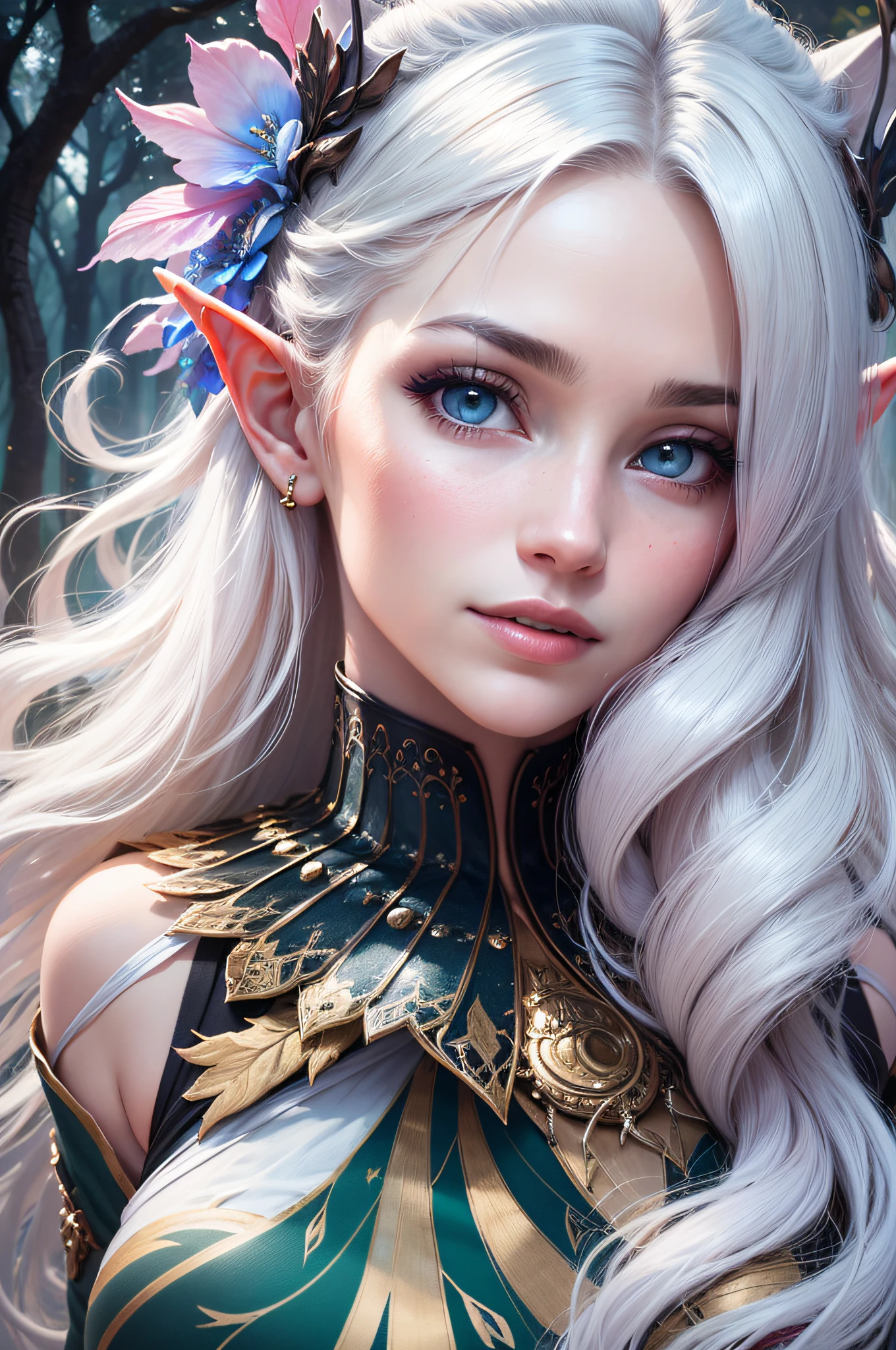 (best quality,highres,ultra-detailed,realistic:1.37),fantasy portrait,dark fantasy,elf goddess,white hair,detailed facial features,fair skin,ethereal presence,majestic aura,piercing blue eyes,mysterious smile,natural body curves,lush green forest background,moonlit night,vibrant colors,wisps of magic,peaceful atmosphere,luminous glow,soft shadows,subtle highlights,dreamlike,serene,graceful,enchanted,emotive,tranquil