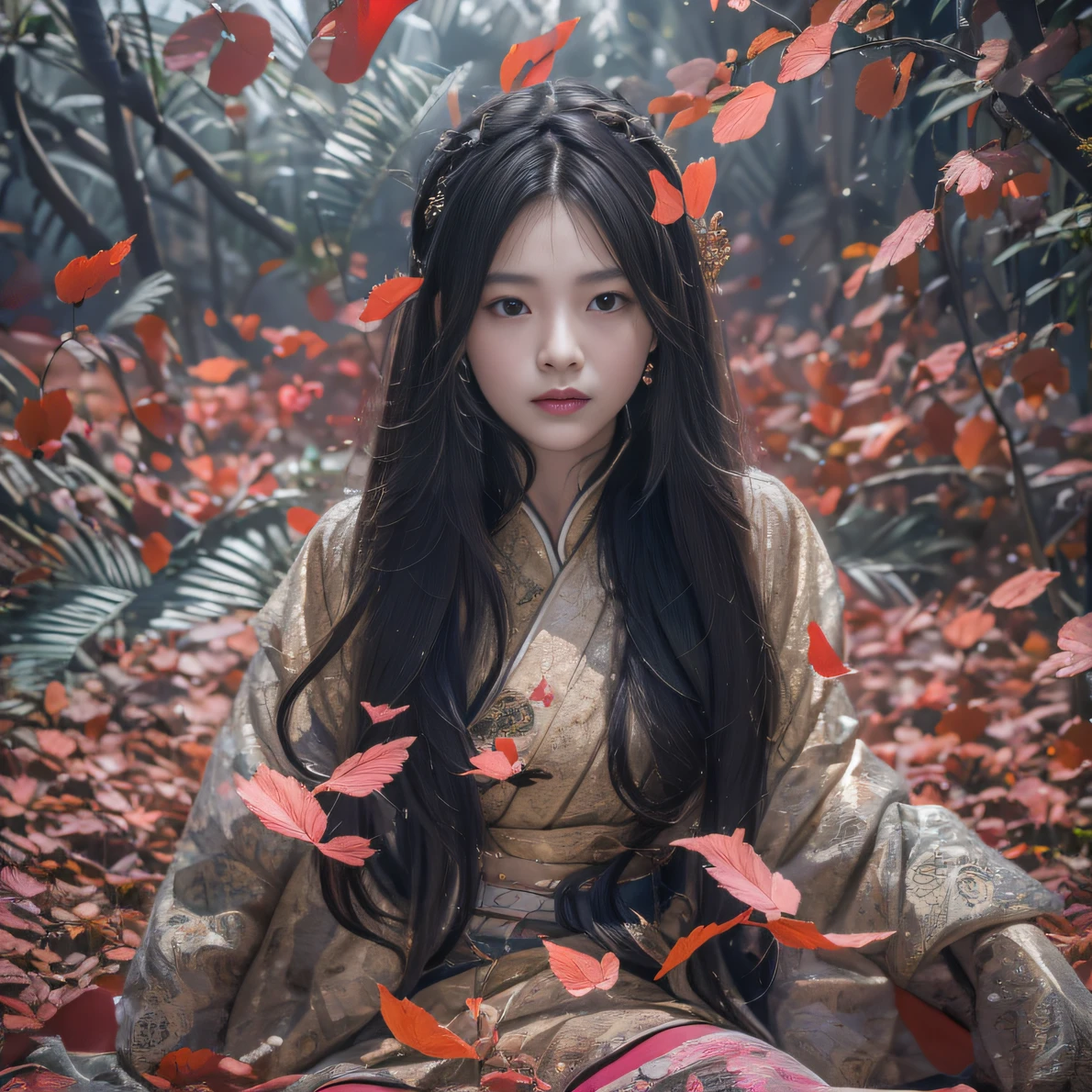 32K（tmasterpiece，k hd，hyper HD，32K）Long flowing black hair，ponds，zydink， a color， Aozhou people （Concubine girl）， （Silk scarf）， Combat posture， looking at the ground， long whitr hair， Floating hair， Carp pattern headdress， Chinese long-sleeved clothing， （abstract ink splash：1.2）， Pink petal background，Pink and white lotus flowers fly（realisticlying：1.4），Black color hair，Fallen leaves flutter，The background is pure， A high resolution， the detail， RAW photogr， Sharp Re， Nikon D850 Film Stock Photo by Jefferies Lee 4 Kodak Portra 400 Camera F1.6 shots, Rich colors, ultra-realistic vivid textures, Dramatic lighting, Unreal Engine Art Station Trend, cinestir 800，Long flowing black hair，Denim skirt