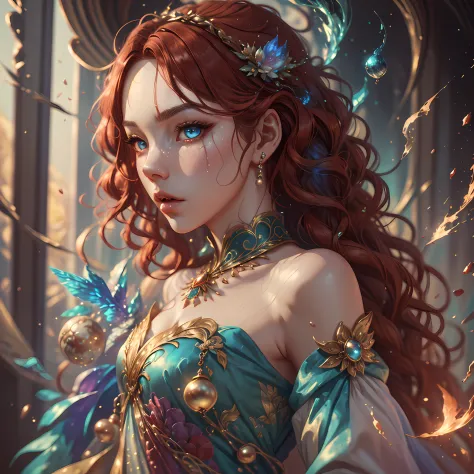 In the style of mythic and storybook fantasy, with rainbow colors. Generate a mature woman with a beautiful face. She is pouting. She has beautiful detailed eyes, 8k eyes, hires eyes, and realistic eyes. She has puffy and shiny lips and a big mouth. She ha...