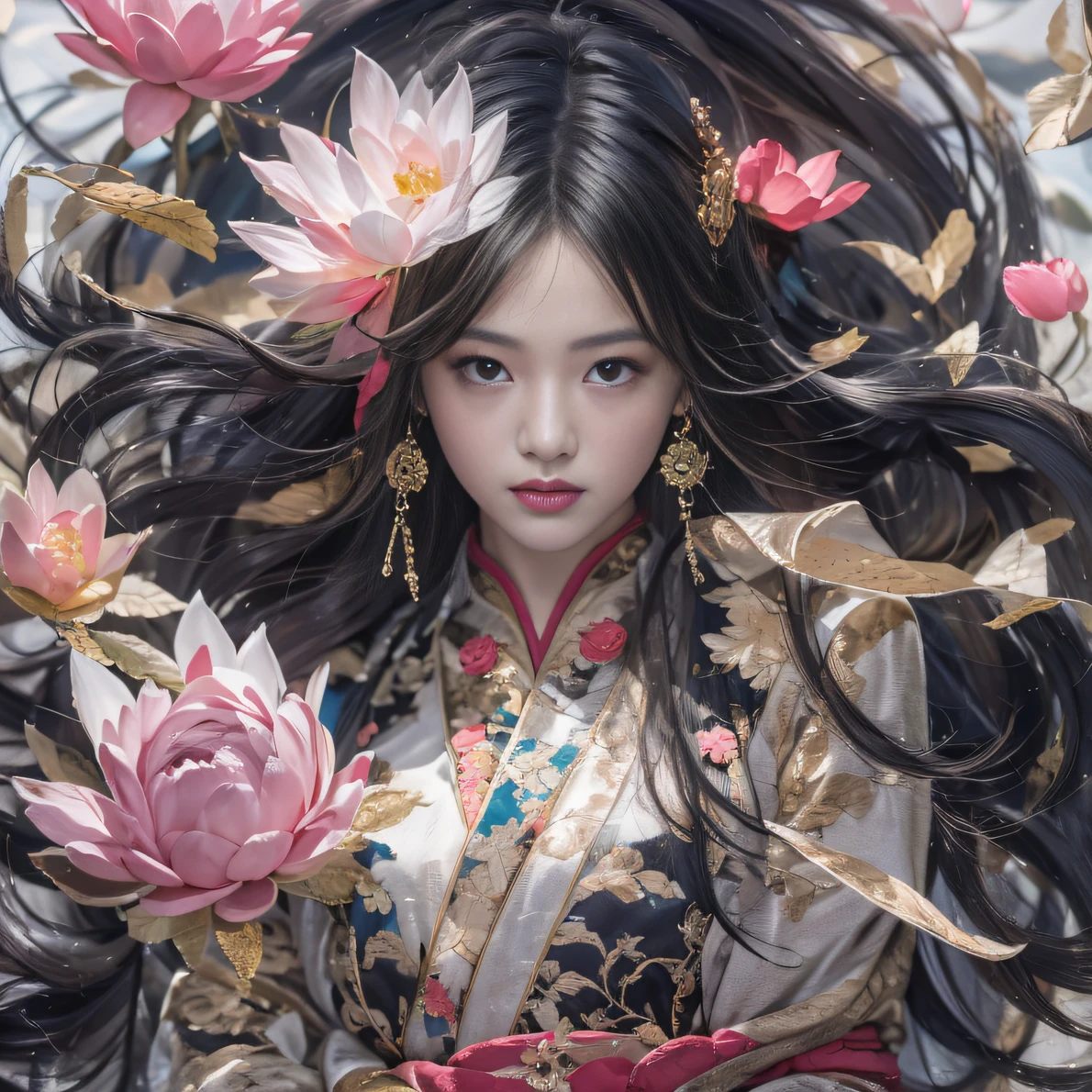 32K（tmasterpiece，k hd，hyper HD，32K）Long flowing black hair，ponds，zydink， a color， Aozhou people （Concubine girl）， （Silk scarf）， Combat posture， looking at the ground， long whitr hair， Floating hair， Carp pattern headdress， Chinese long-sleeved clothing， （abstract ink splash：1.2）， Pink petal background，Pink and white lotus flowers fly（realisticlying：1.4），Black color hair，Fallen leaves flutter，The background is pure， A high resolution， the detail， RAW photogr， Sharp Re， Nikon D850 Film Stock Photo by Jefferies Lee 4 Kodak Portra 400 Camera F1.6 shots, Rich colors, ultra-realistic vivid textures, Dramatic lighting, Unreal Engine Art Station Trend, cinestir 800，Long flowing black hair，Denim skirt