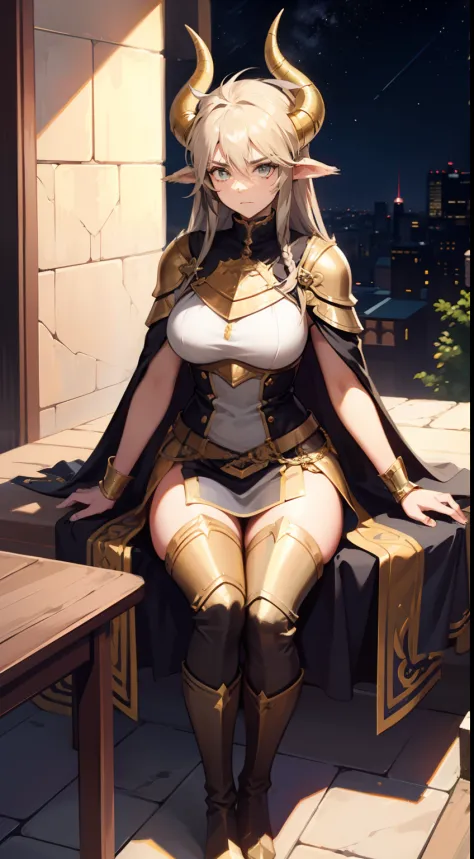 1woman,30s,cow horns,long hair,solo,templar golden knight outfit,knight, golden long chainmail skirt,cape,masterpiece, HD, vibrant,night,neutral face,black long boots