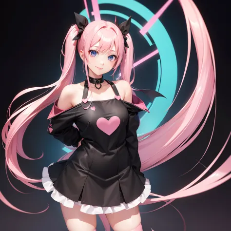full body Esbian, masutepiece: 1.2, Highest Quality), (Live-action, elaborate details), (1 Lady, Solo, Upper body,) Clothing: Edgy, Black long jumper, pink miniskirt, long hair with pink twin tails,,,、Avant-garde, Experimental appearance: Long pink twin ta...
