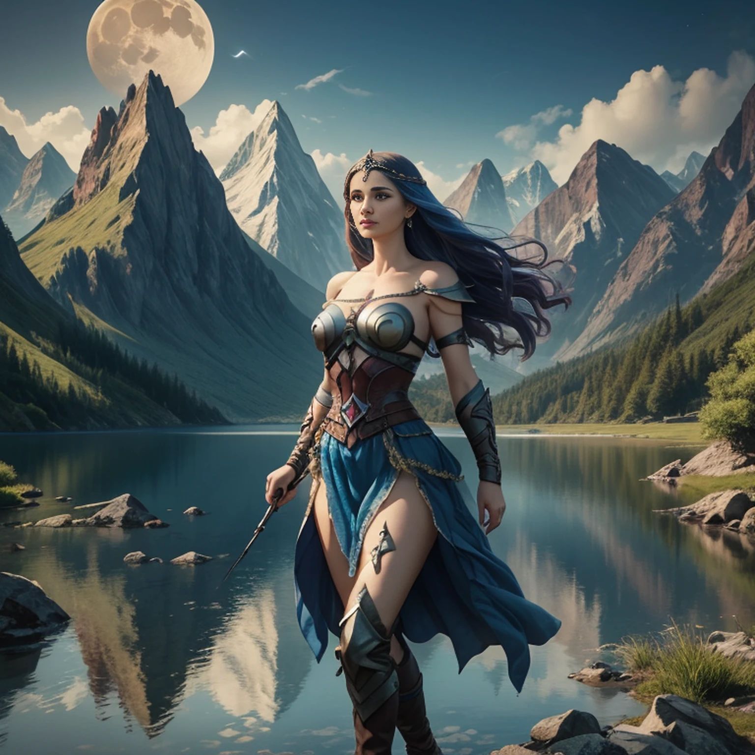 uma mulher em um vestido prateado e azul, corpo inteiro, arte de fantasia detalhada, arte de personagem impressionante, arte de personagem épica e requintada, bela armadura da rainha, arte extremamente detalhada 8k, numa paisagem extremamente detalhada 8k, montanhas e um lago com uma lua no céu, 4k arte digital altamente detalhada, muito detalhado, paisagem de fantasia impressionante, paisagem épica de fantasia onírica 4k, 8k arte impressionante